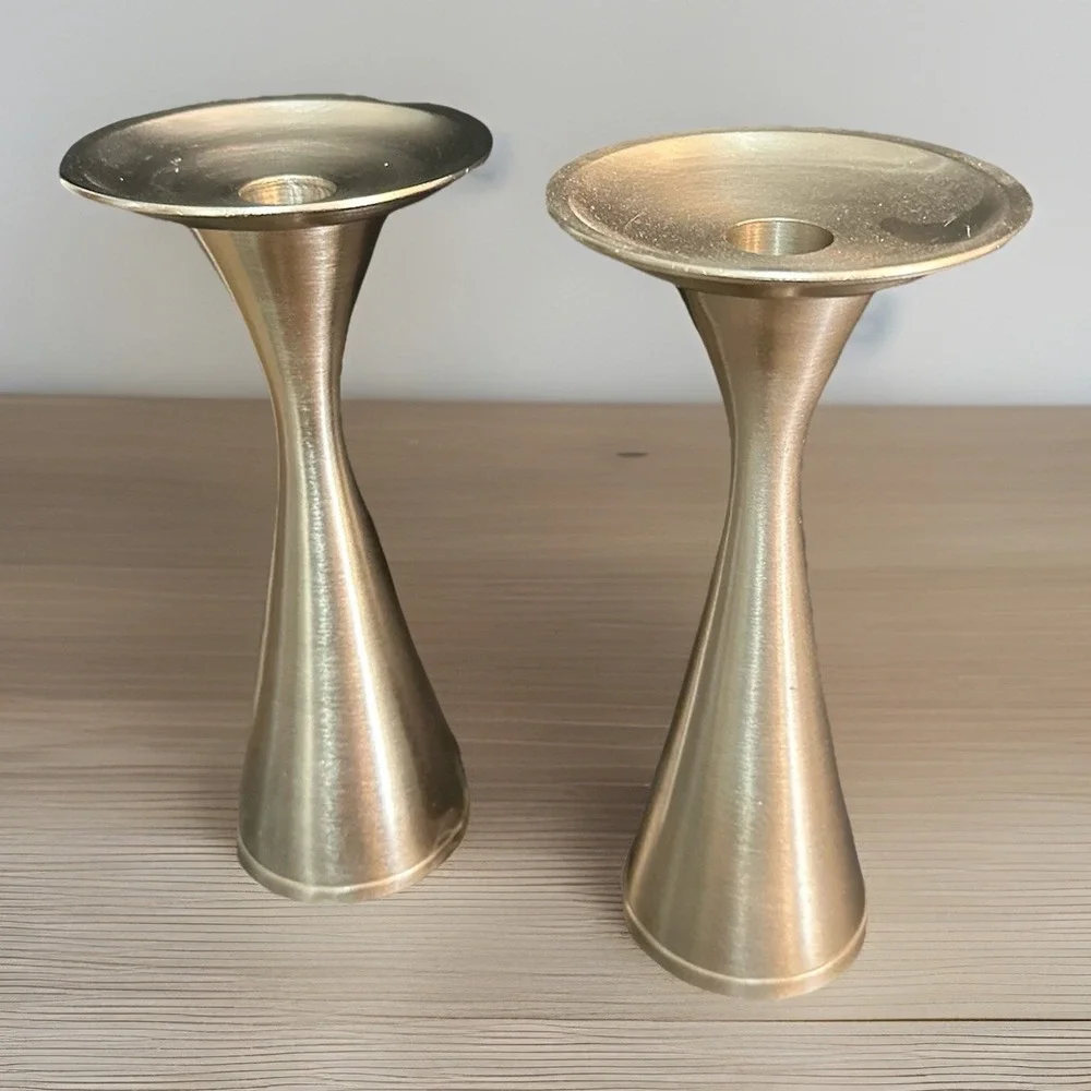 Pair Vintage MCM Candle Holders Brushed Silver‎ Matte Metal Finish 8